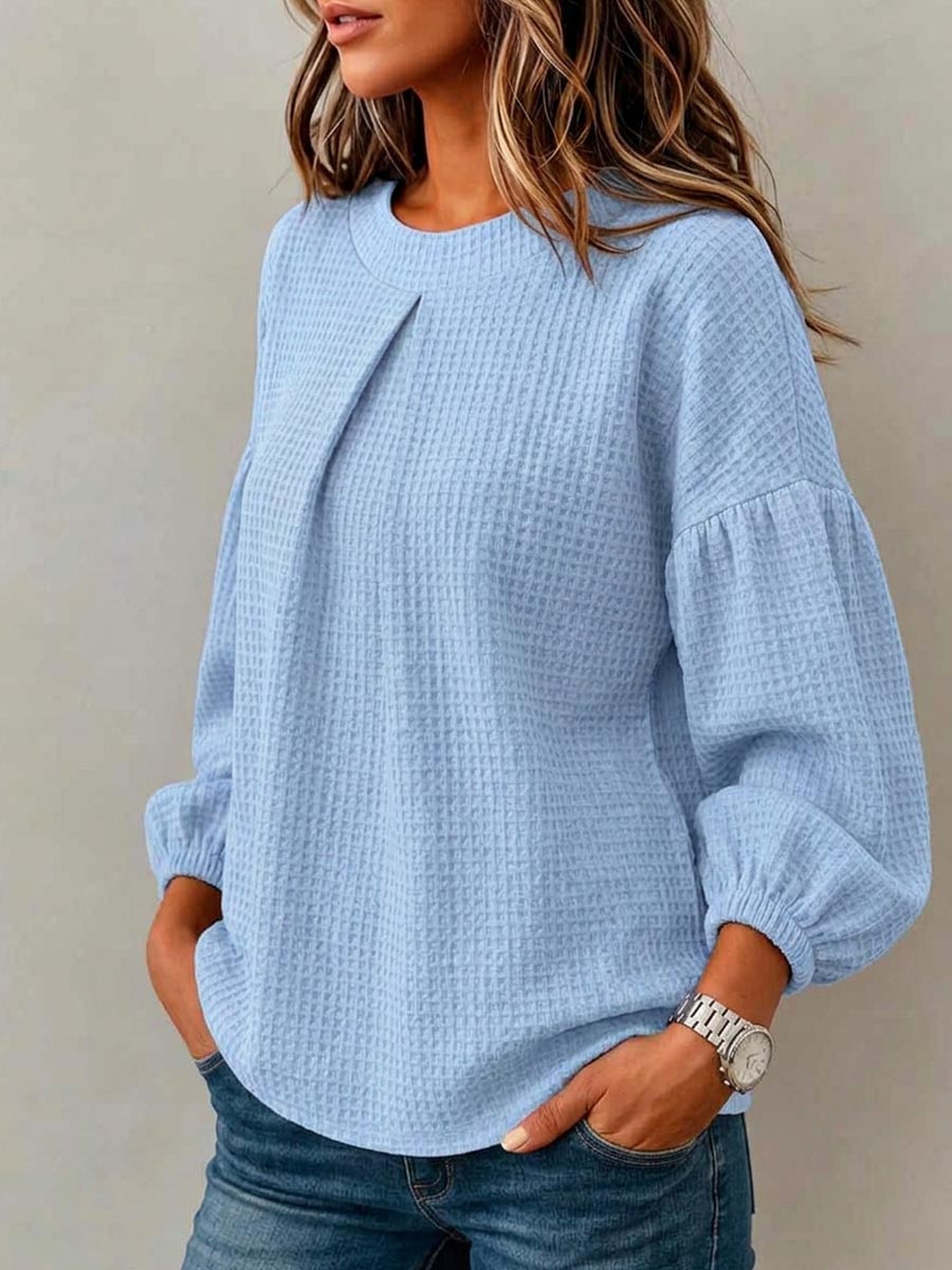 Women's Solid Color Crew Neck Long-Sleeve Loose-Fit Waffle-Knit Casual Top