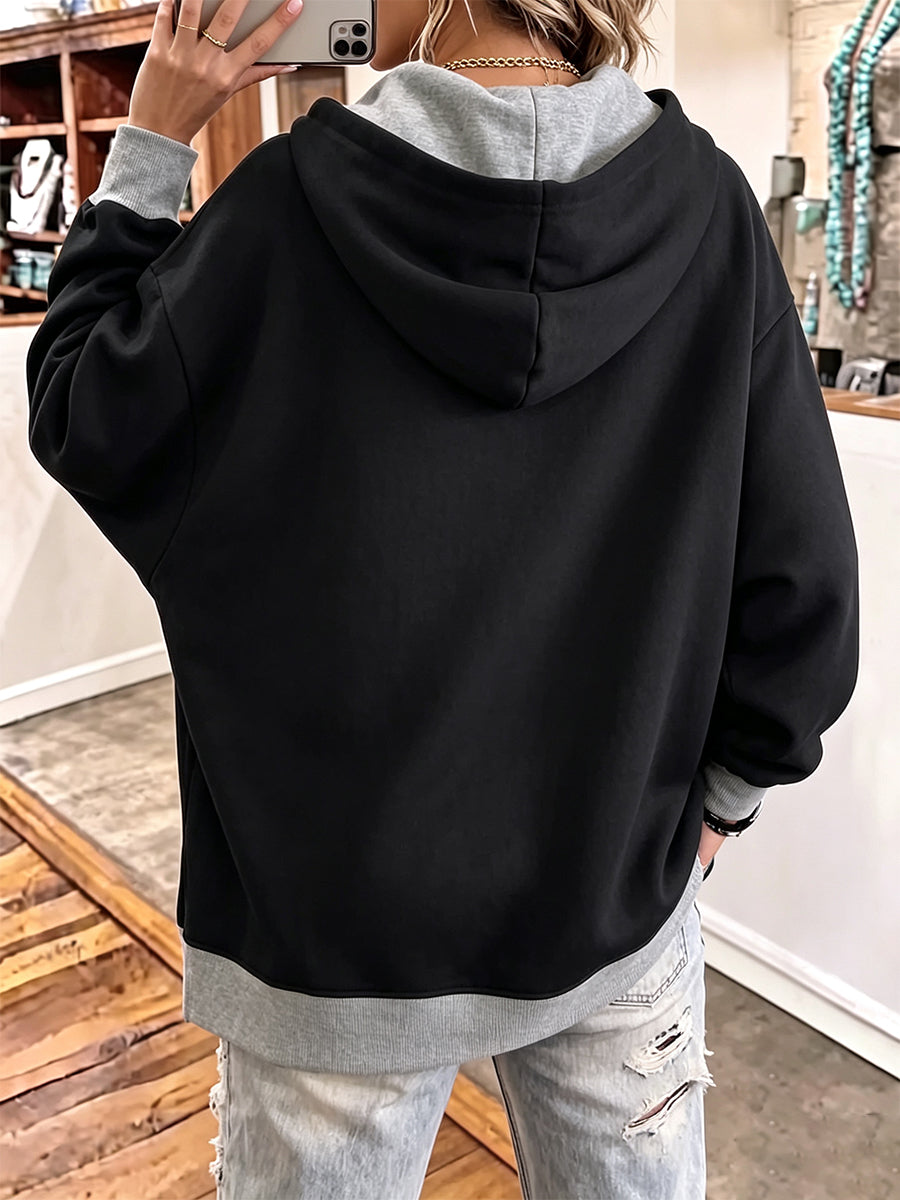 Casual Color-Block Oversized Hooded Sweatshirt with Dolman Sleeves
