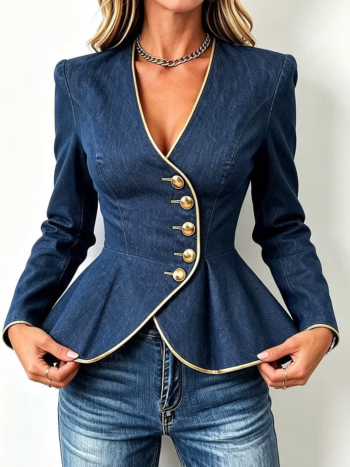 Women's Deep V-Neck Denim Coat with Belt, Gold Buttons, and Mermaid Hem – Retro Jean Jacket