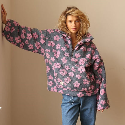 Veste en Fleece Floral Surdimensionnée avec Zip Demi