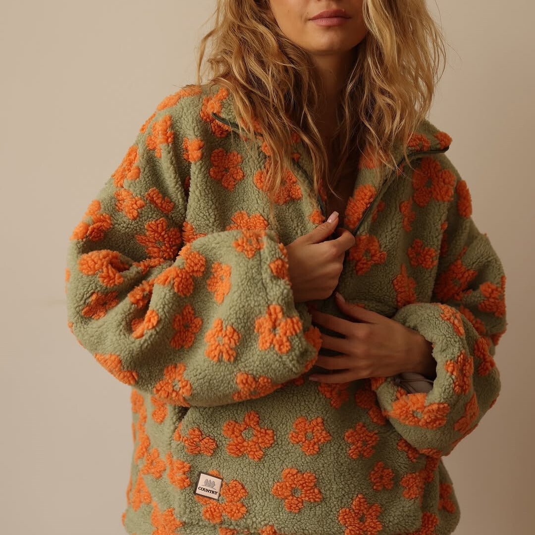 Veste en Fleece Floral Surdimensionnée avec Zip Demi