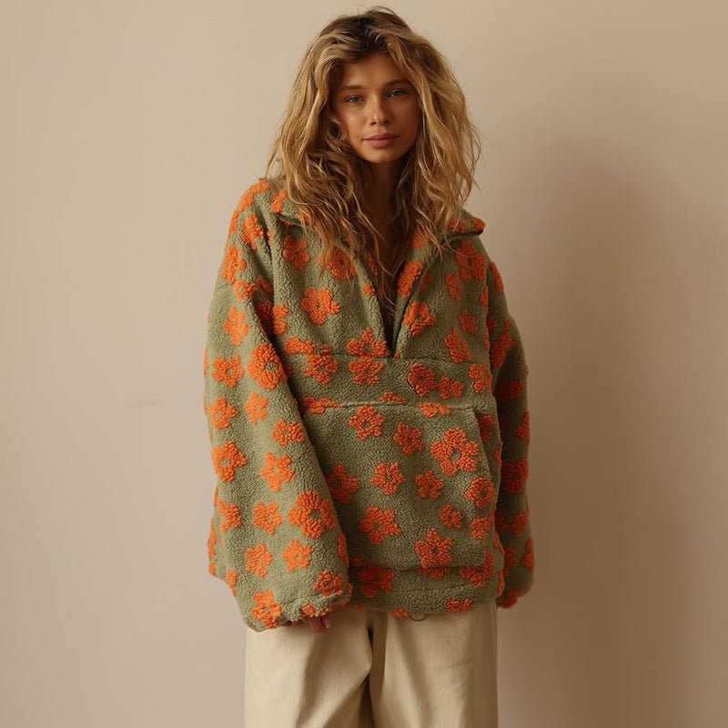 Veste en Fleece Floral Surdimensionnée avec Zip Demi