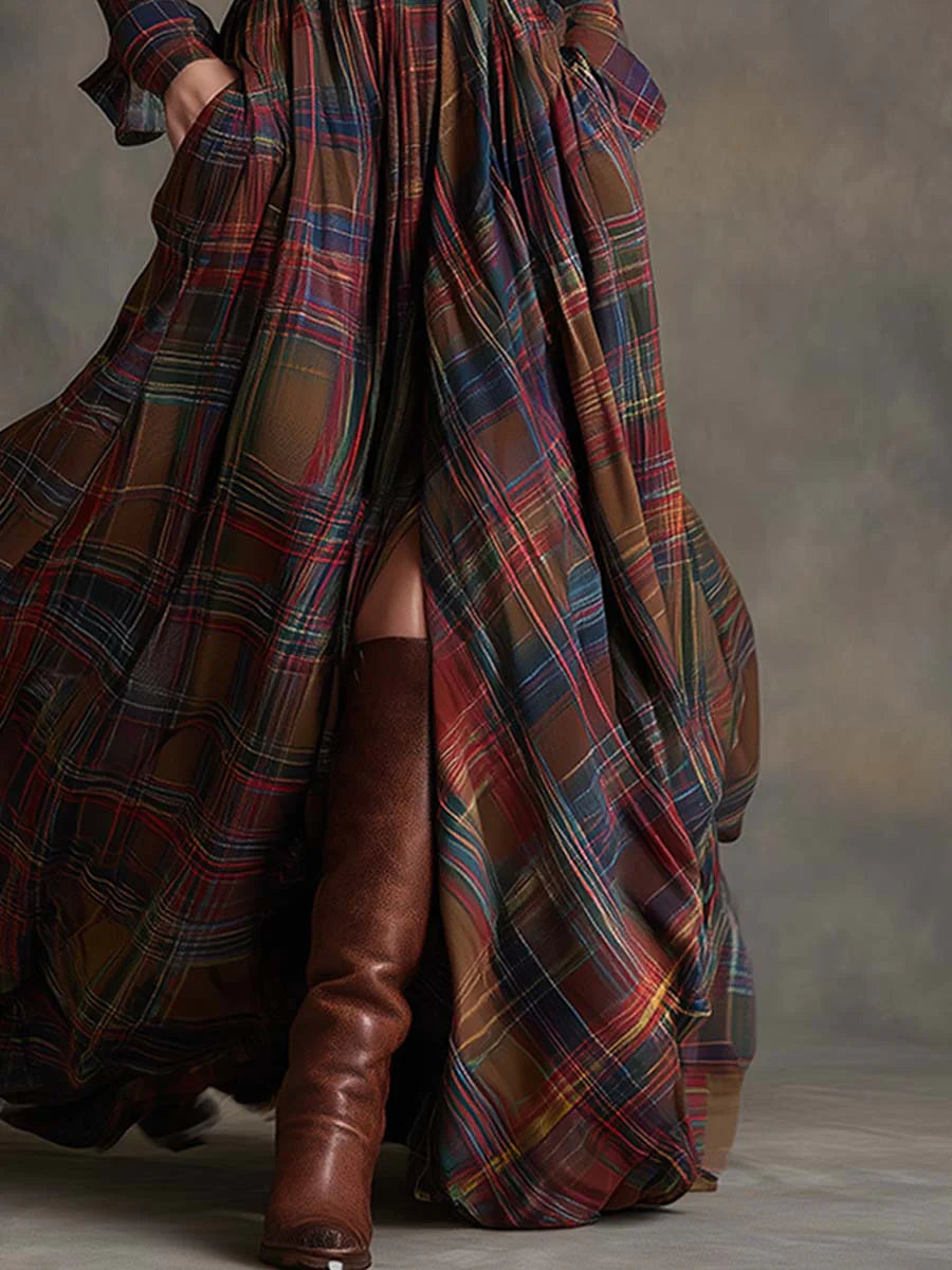 Béatrice | Robe Longue à Carreaux avec Ceinture