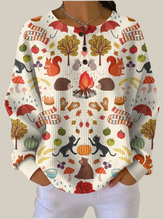 Béatrice - Pull crème à motif forêt automnale