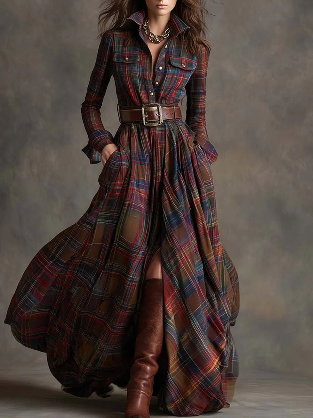Béatrice | Robe Longue à Carreaux avec Ceinture