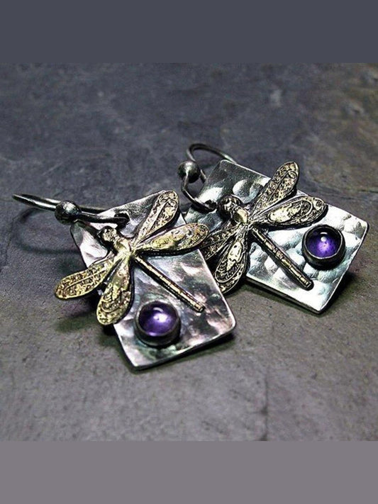 Boucles d'oreilles vintage en forme de libellule avec des cristaux violets