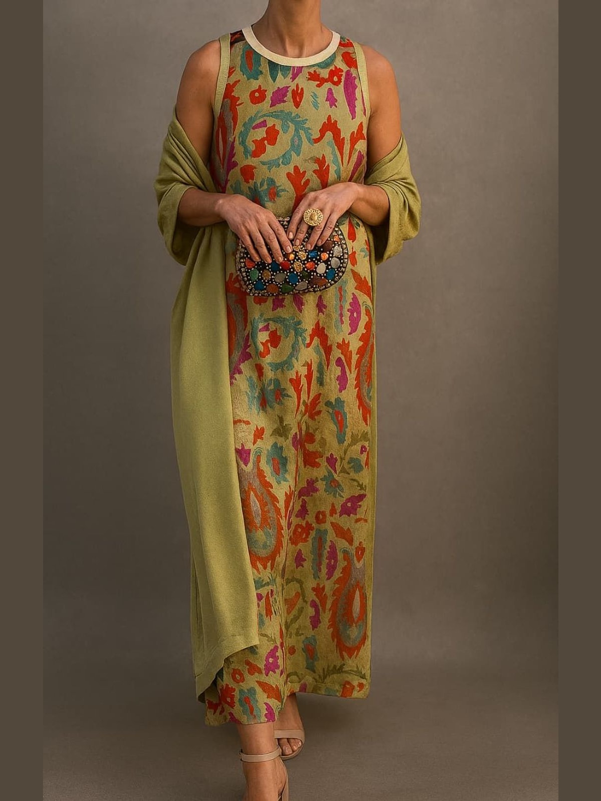Élina | Ensemble robe longue imprimée avec gilet assorti