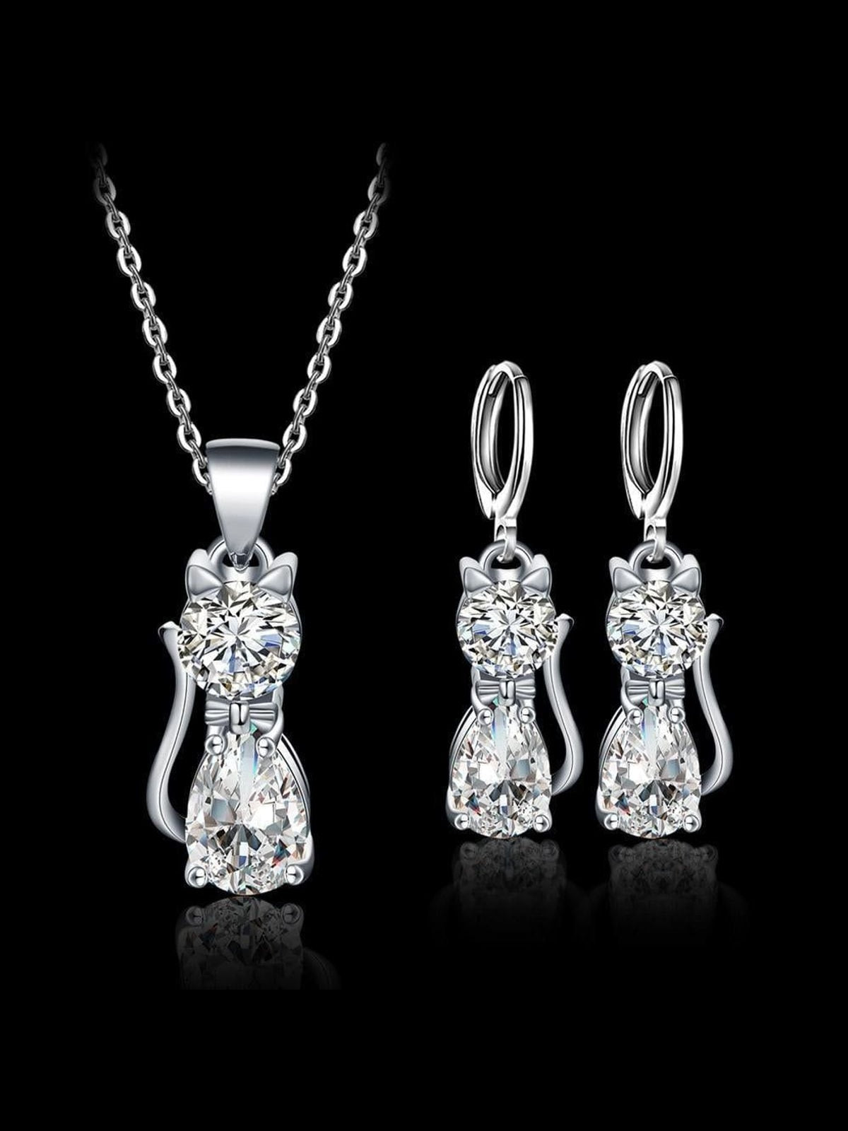 Ensemble de collier + boucles d'oreilles Happy Cats en argent et zircone blanche polie