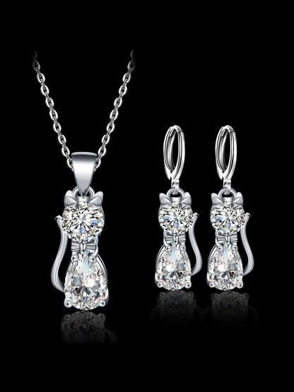 Ensemble de collier + boucles d'oreilles Happy Cats en argent et zircone blanche polie