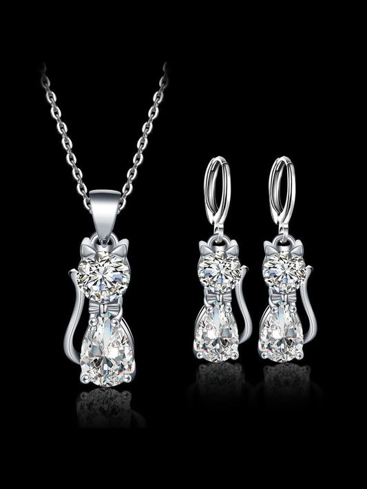 Ensemble de collier + boucles d'oreilles Happy Cats en argent et zircone blanche polie