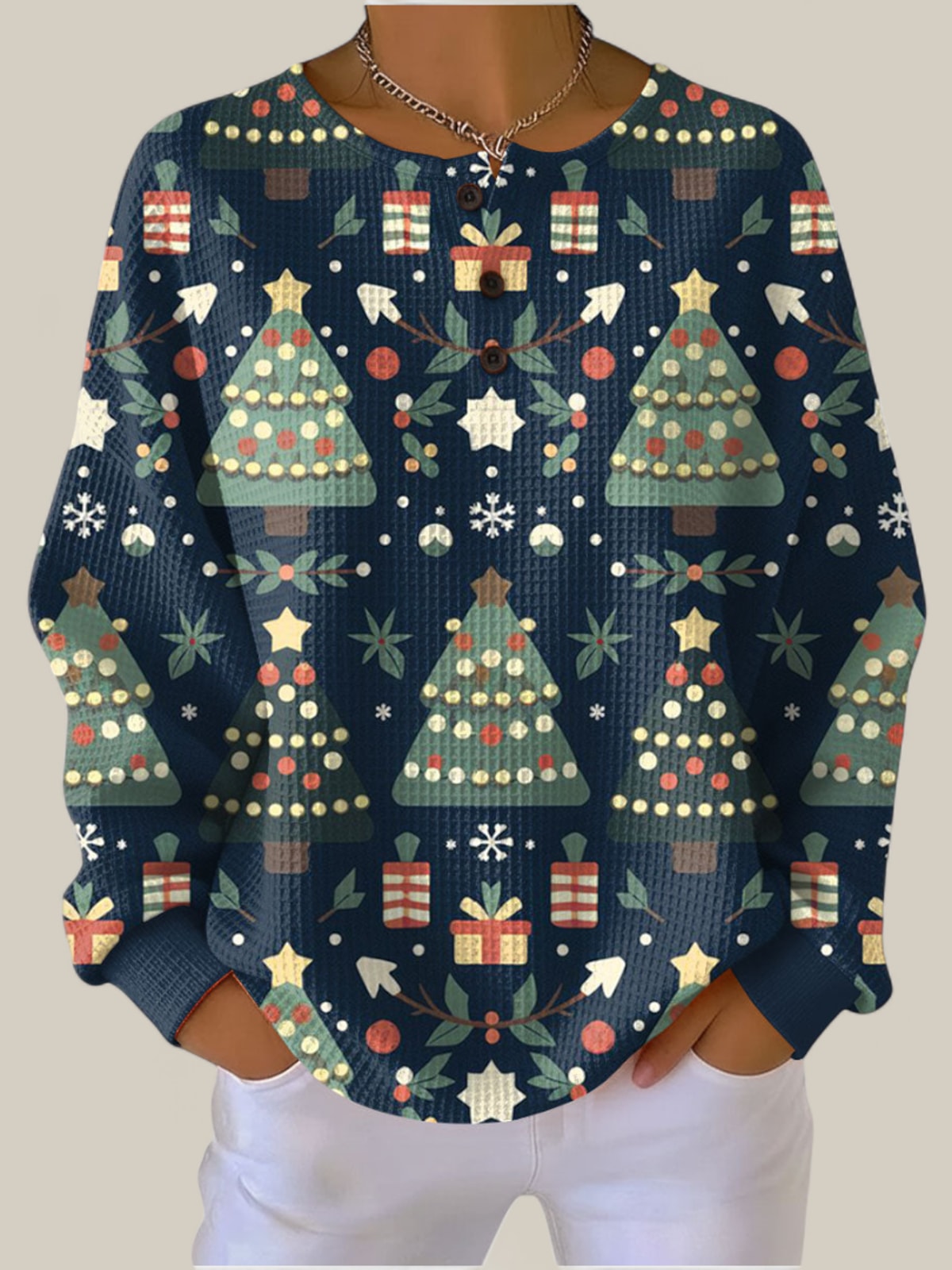 Fanny - Pull bleu foncé à motif sapin de Noël