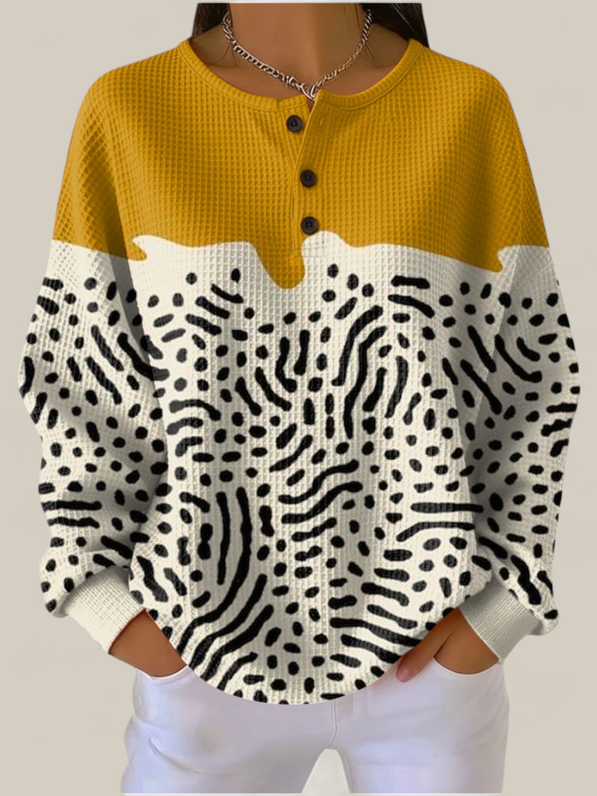 Liv - Pull jaune et blanc à imprimé animal