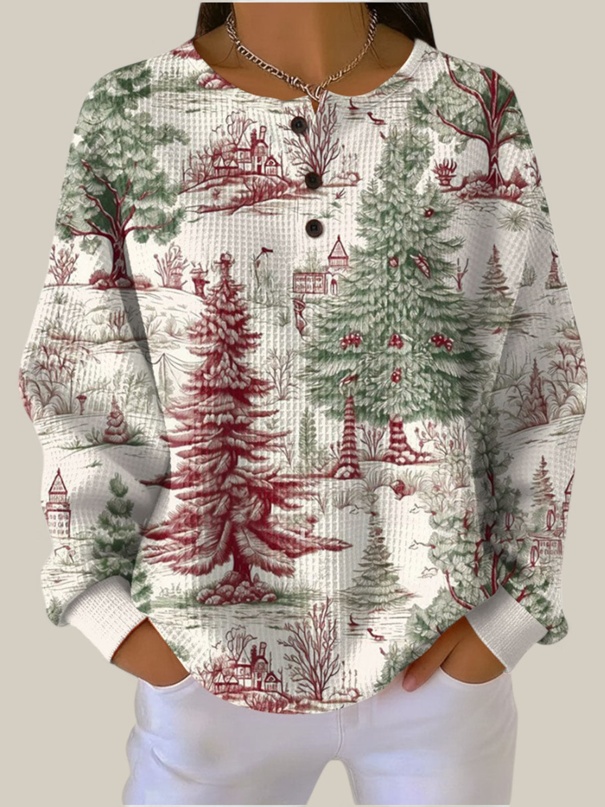 Louna - Pull crème à motif forêt d'hiver