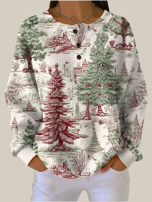 Louna - Pull crème à motif forêt d'hiver