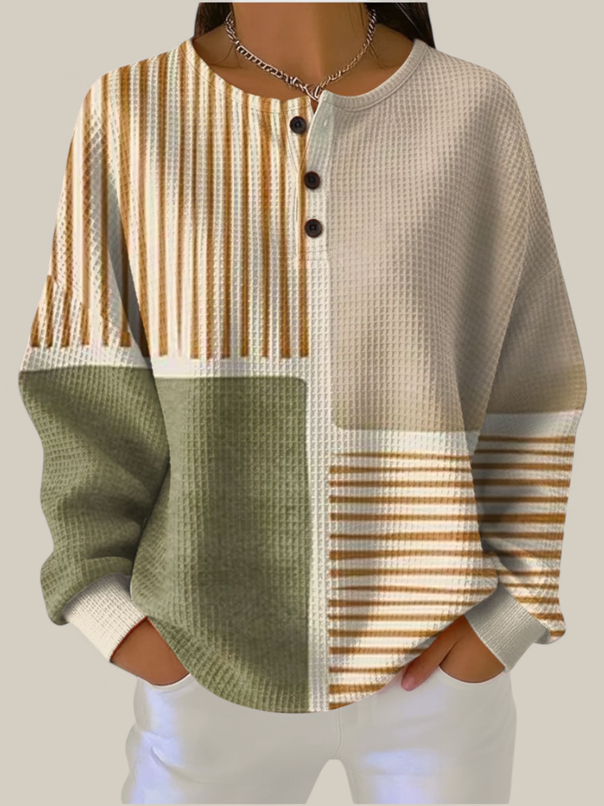 Luna - Pull beige à rayures et motif patchwork