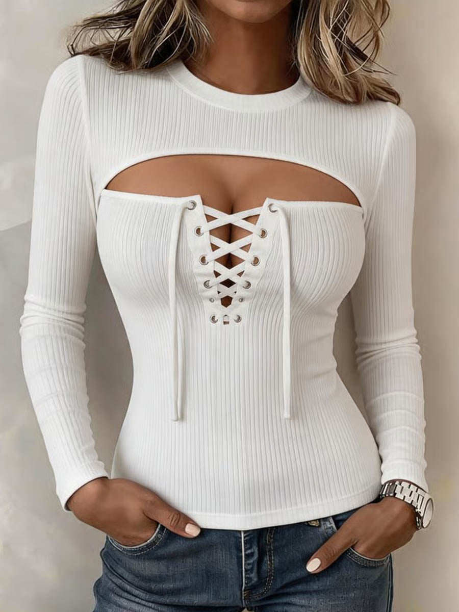 Women's Solid Color Crew Neck Long-Sleeve Casual Knit Top with Wide Cutouts and Lace-Up Detail
