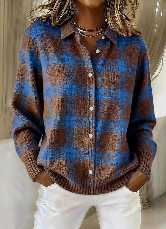 Casual Plaid Button-Front Knit Cardigan With a Collar