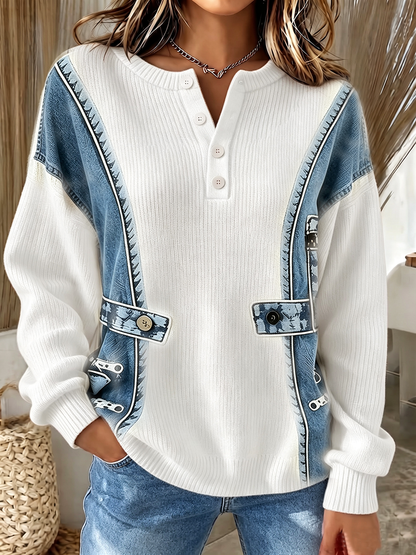 Chic Casual 3D Denim-Print Knit Sweater