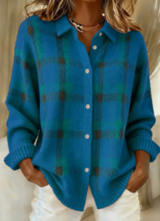 Casual Plaid Button-Front Knit Cardigan With a Collar