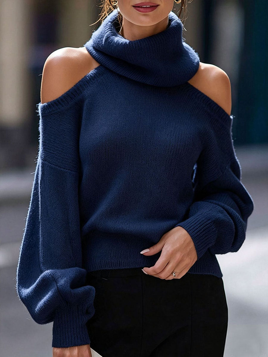 Women's Solid-Color Stand-Collar Off-Shoulder Long-Sleeve Casual Loose-Fit Knit Sweater