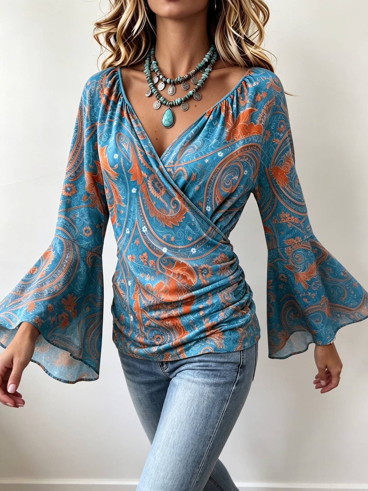 Bohemian Casual Stretch Bell-Sleeve Blouse
