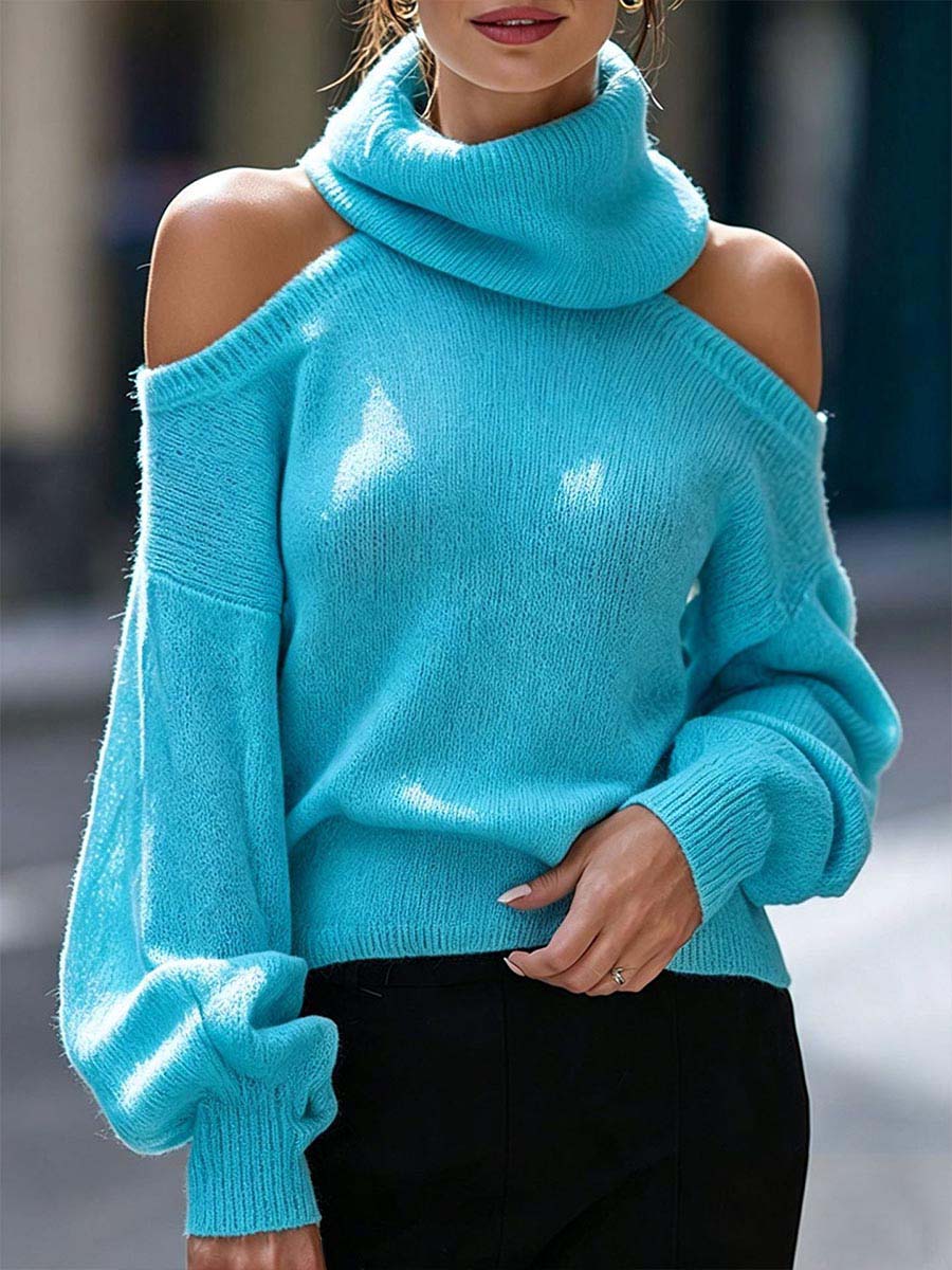 Women's Solid-Color Stand-Collar Off-Shoulder Long-Sleeve Casual Loose-Fit Knit Sweater