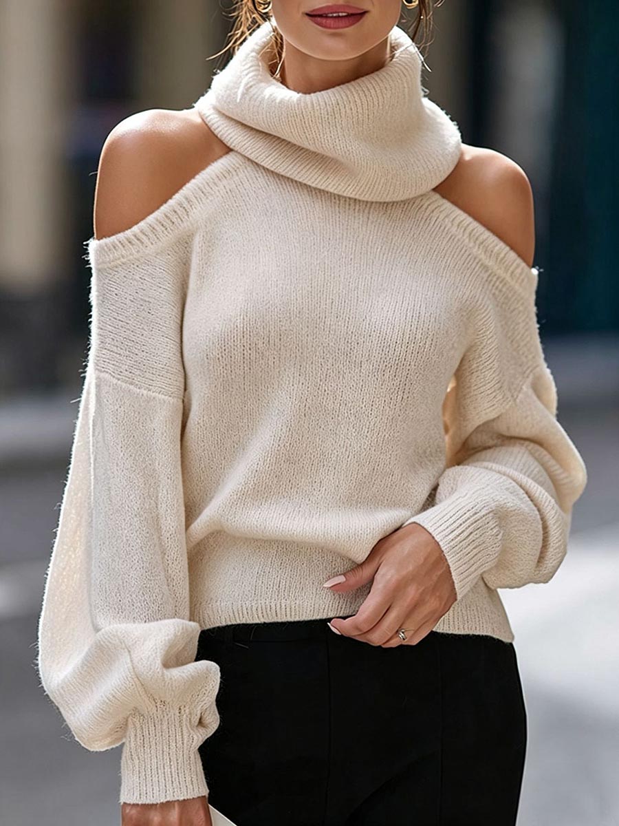 Women's Solid-Color Stand-Collar Off-Shoulder Long-Sleeve Casual Loose-Fit Knit Sweater
