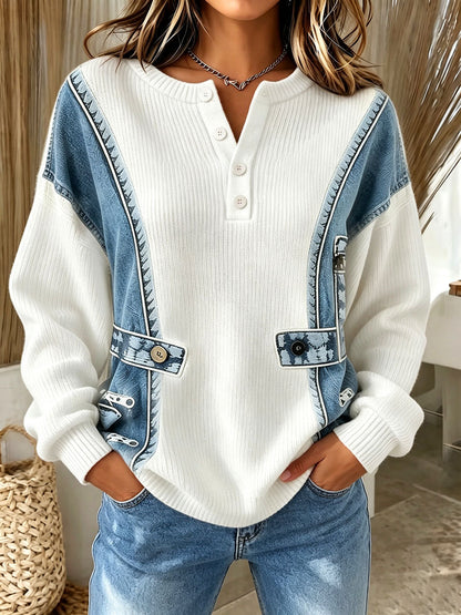 Chic Casual 3D Denim-Print Knit Sweater