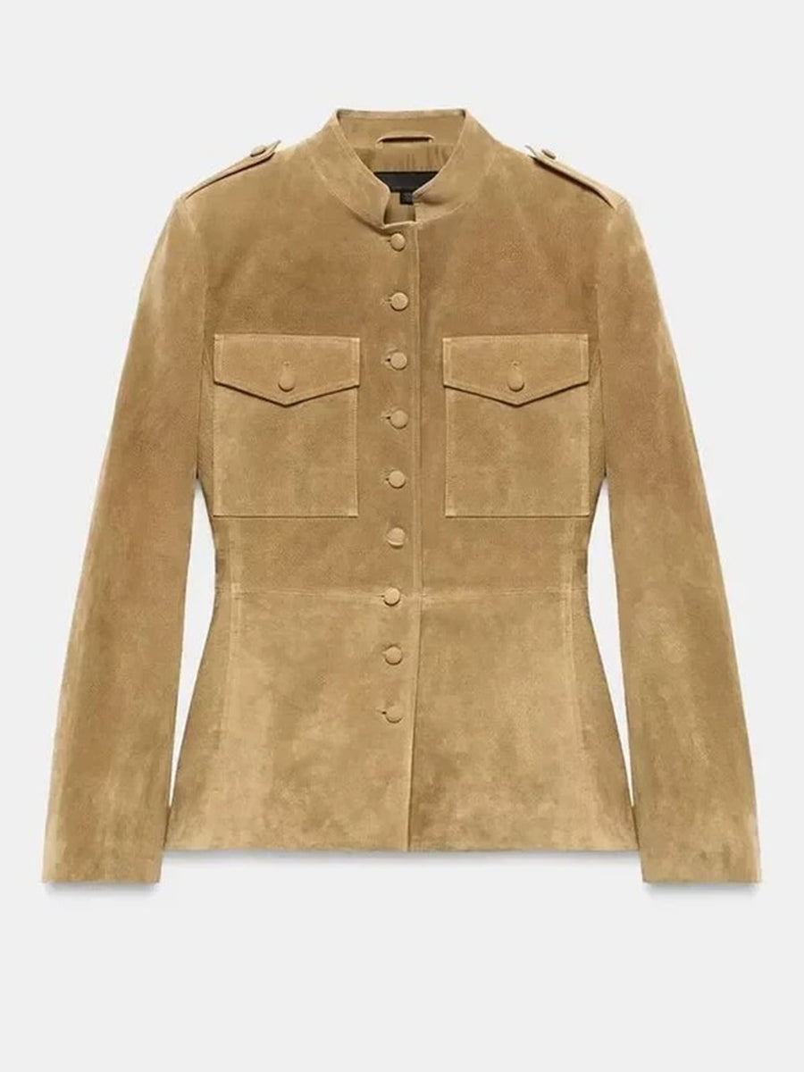 Retro Casual Suede Military-Style Jacket with a Stand Collar