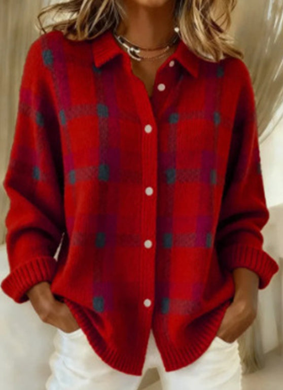 Casual Plaid Button-Front Knit Cardigan With a Collar