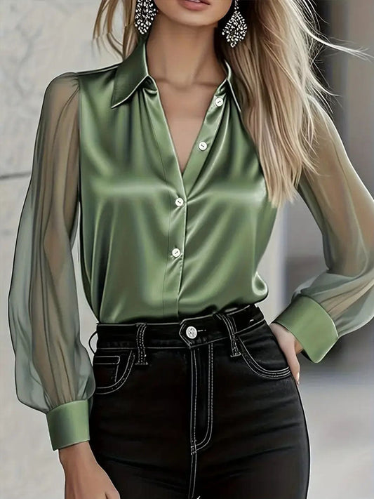 Women's Solid Color Collared Long-Sleeved Casual Loose Satin Chiffon Blouse