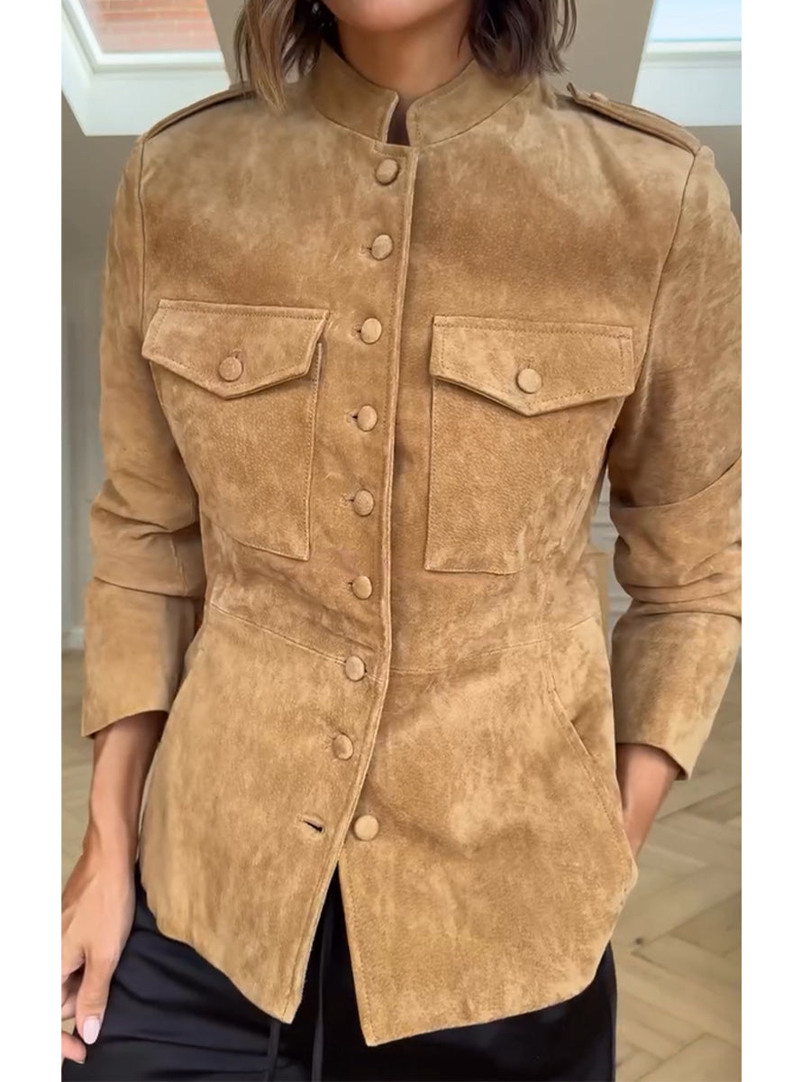 Retro Casual Suede Military-Style Jacket with a Stand Collar