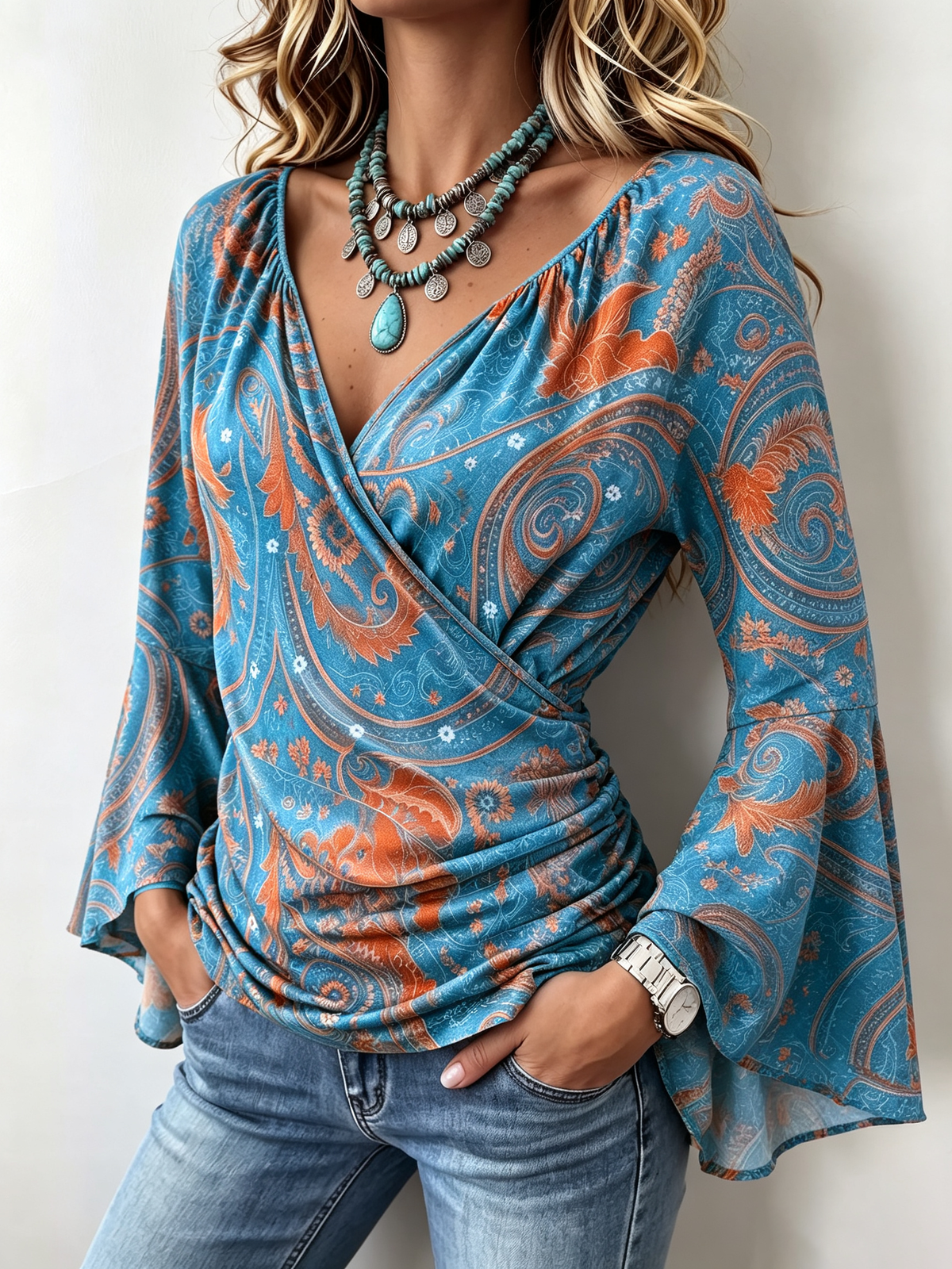 Bohemian Casual Stretch Bell-Sleeve Blouse