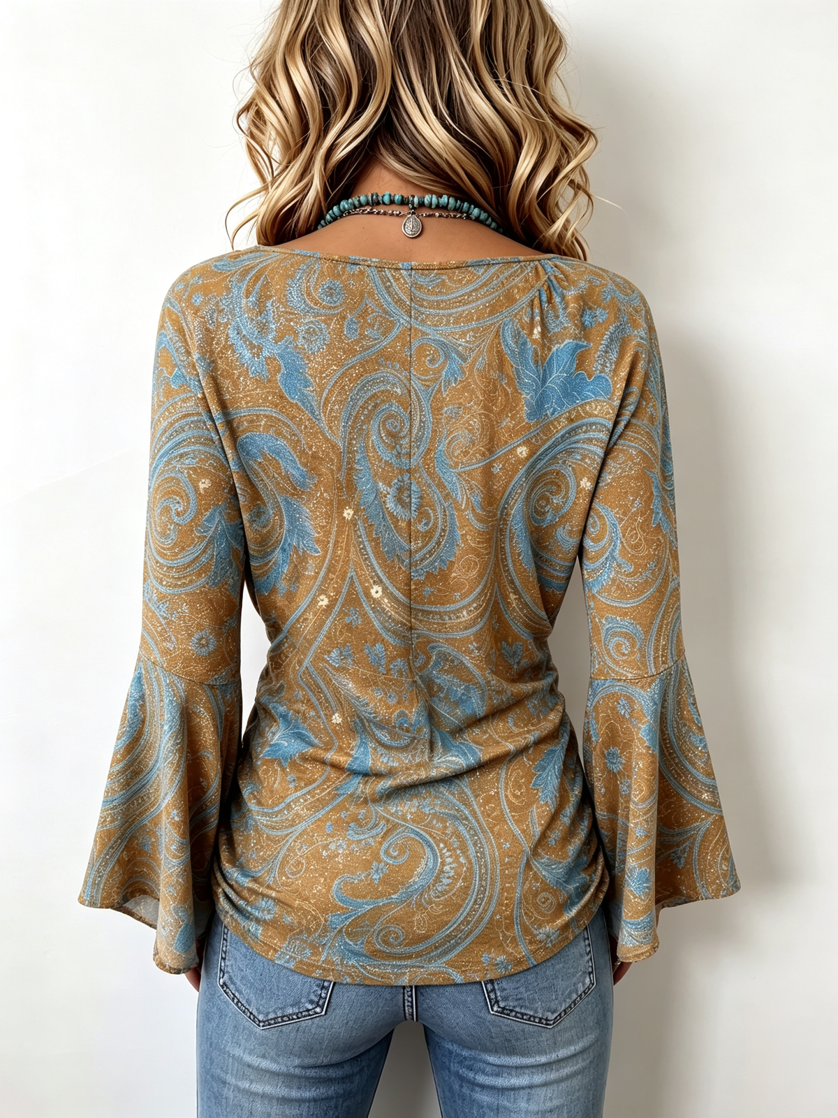 Bohemian Casual Stretch Bell-Sleeve Blouse