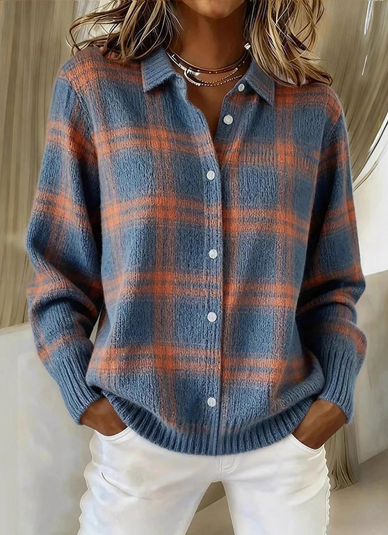Casual Plaid Button-Front Knit Cardigan With a Collar