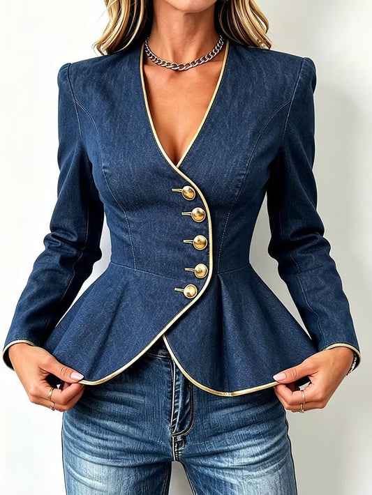 Women's Deep V-Neck Denim Coat with Belt, Gold Buttons, and Mermaid Hem – Retro Jean Jacket