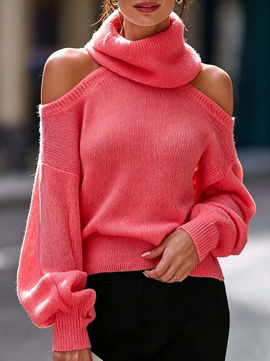 Women's Solid-Color Stand-Collar Off-Shoulder Long-Sleeve Casual Loose-Fit Knit Sweater