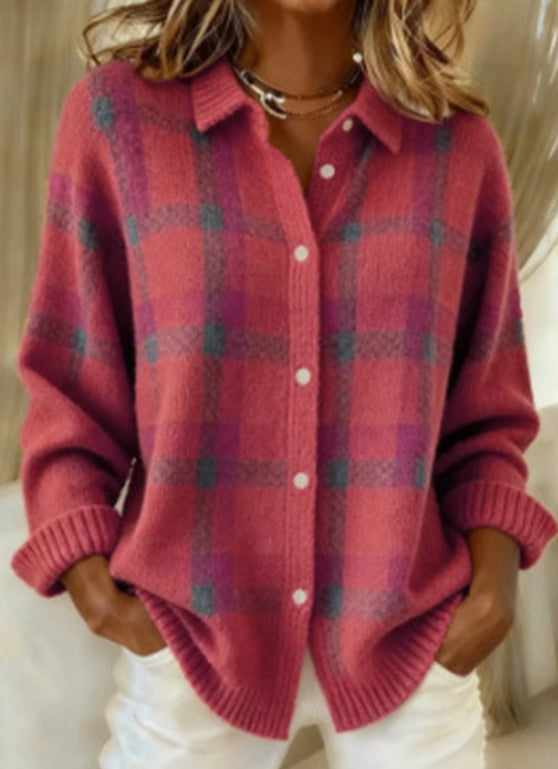 Casual Plaid Button-Front Knit Cardigan With a Collar