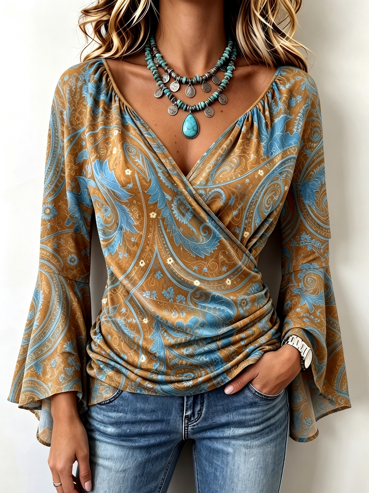 Bohemian Casual Stretch Bell-Sleeve Blouse