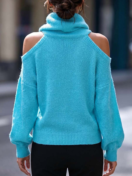 Women's Solid-Color Stand-Collar Off-Shoulder Long-Sleeve Casual Loose-Fit Knit Sweater