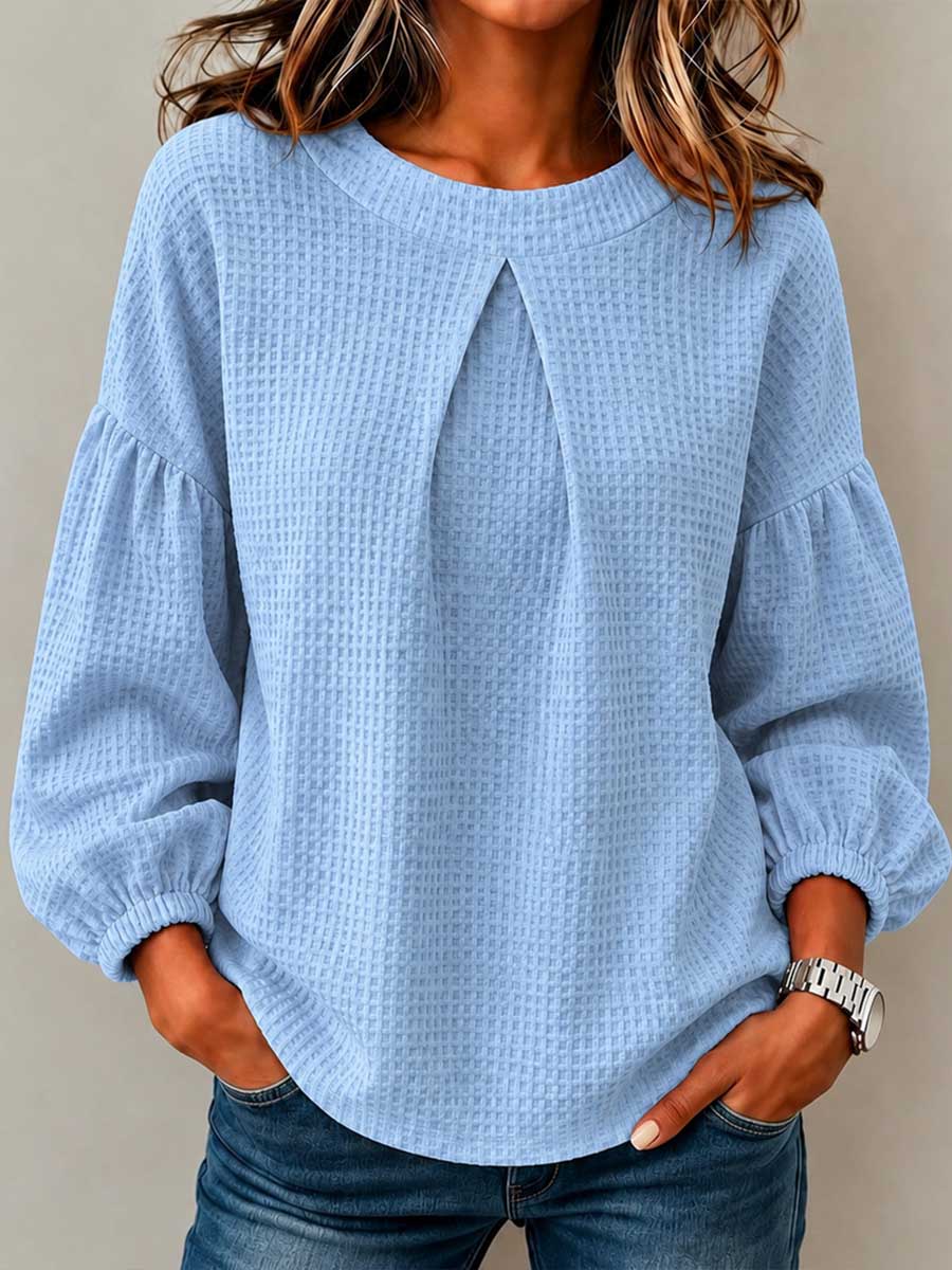 Women's Solid Color Crew Neck Long-Sleeve Loose-Fit Waffle-Knit Casual Top