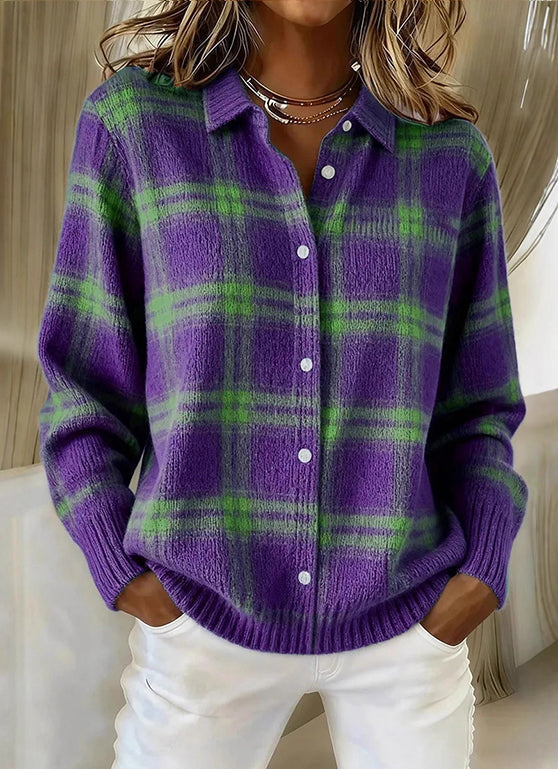 Casual Plaid Button-Front Knit Cardigan With a Collar