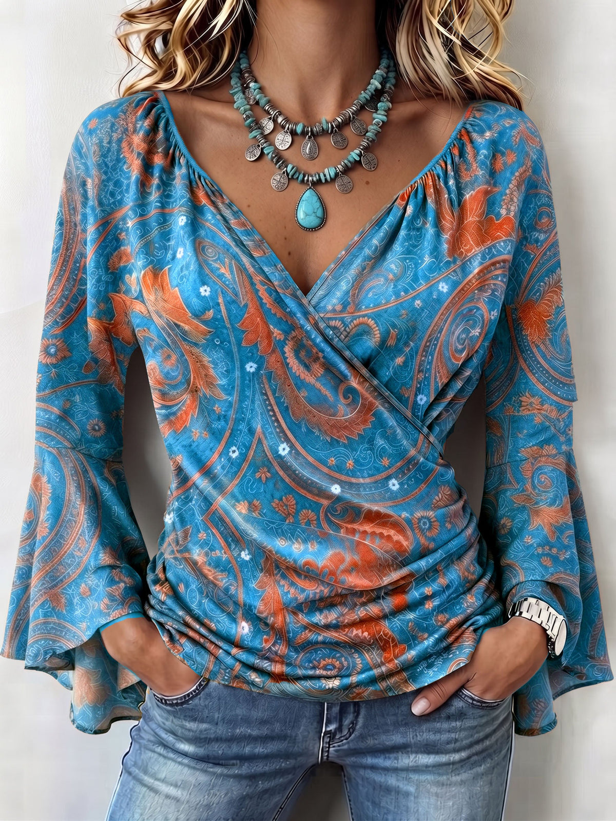 Bohemian Casual Stretch Bell-Sleeve Blouse