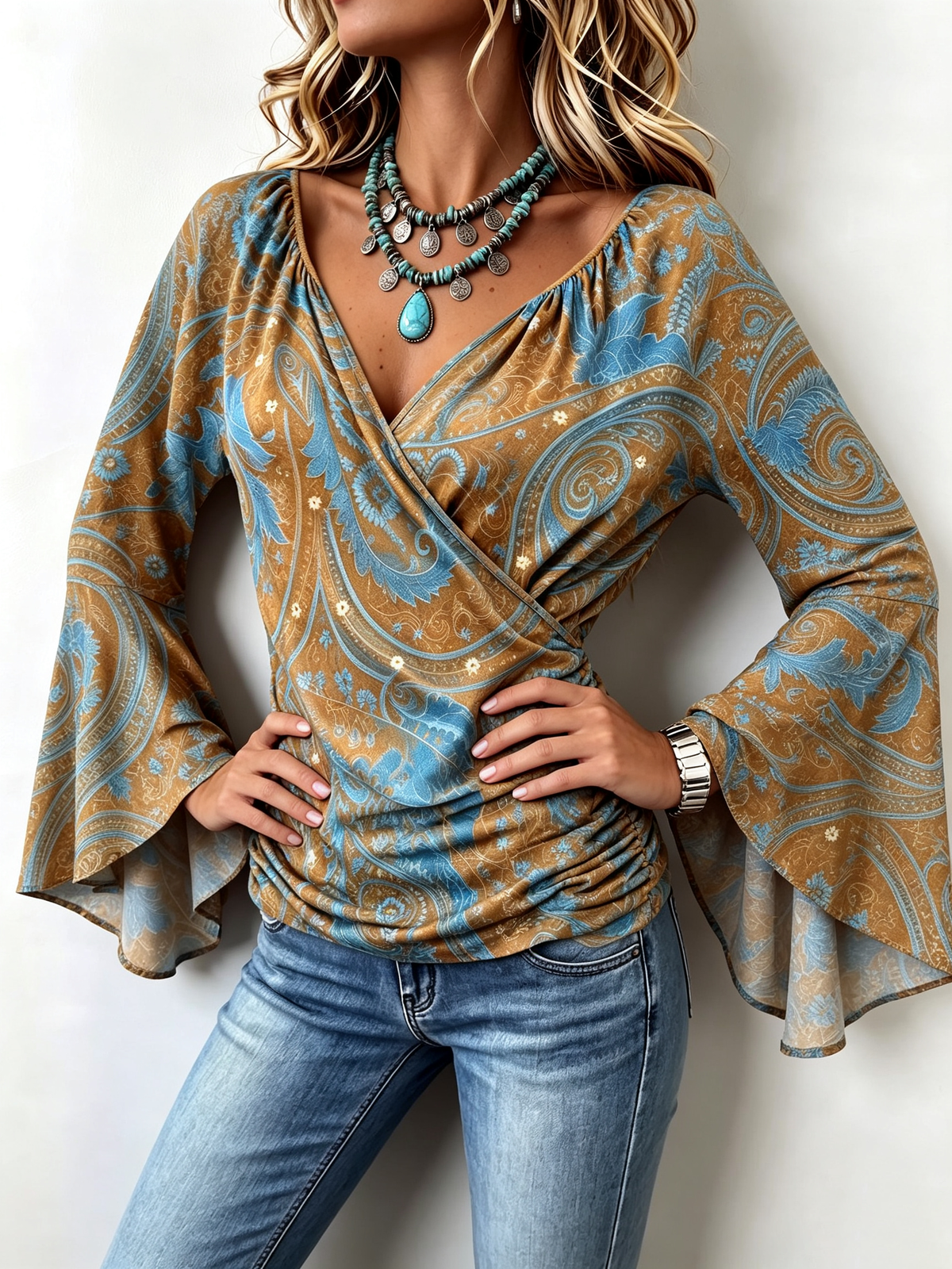 Bohemian Casual Stretch Bell-Sleeve Blouse