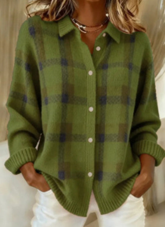 Casual Plaid Button-Front Knit Cardigan With a Collar