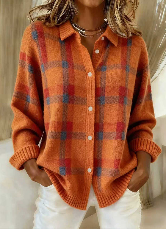Casual Plaid Button-Front Knit Cardigan With a Collar