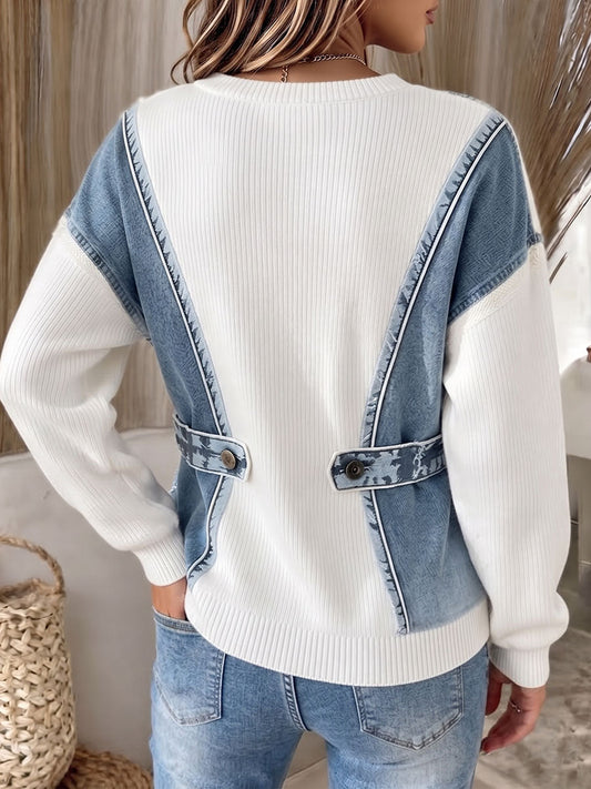 Chic Casual 3D Denim-Print Knit Sweater