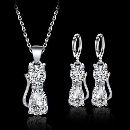 Ensemble de collier + boucles d'oreilles Happy Cats en argent et zircone blanche polie