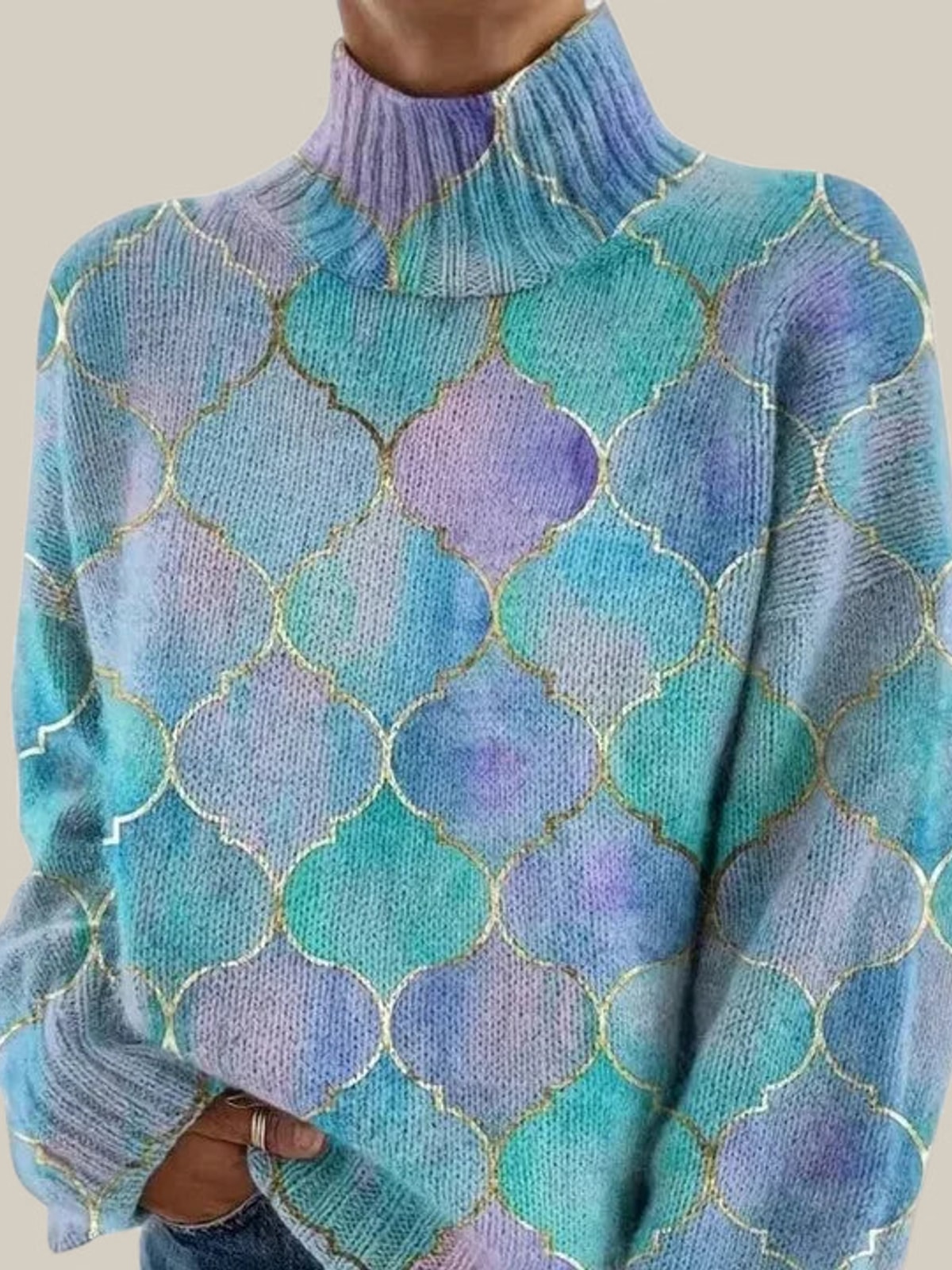 Pull en tricot à col roulé avec imprimé géométrique pour femmes, à manches longues