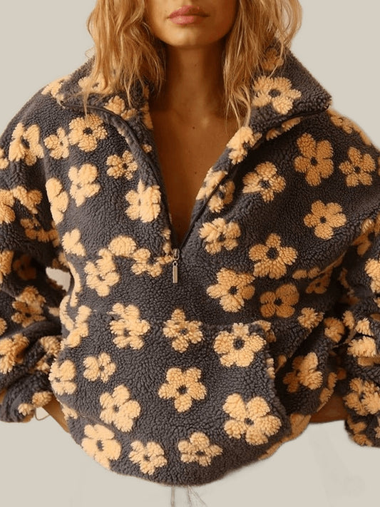 Veste en Fleece Floral Surdimensionnée avec Zip Demi